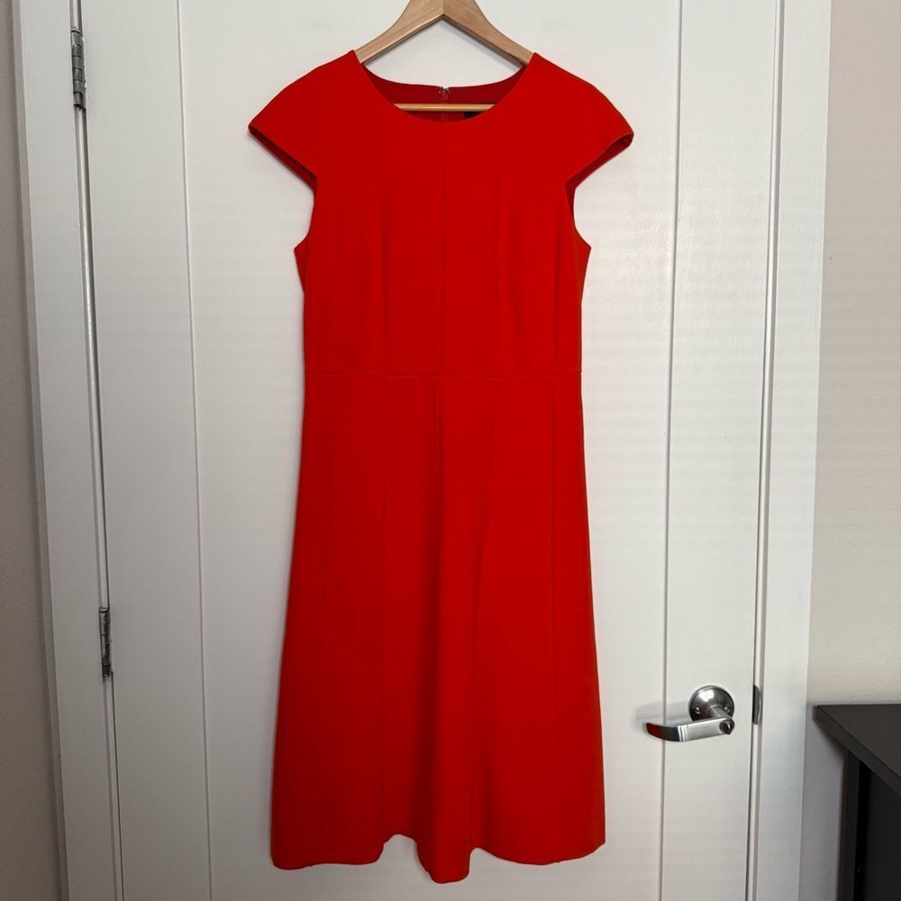 J Crew Mathilde A-Line Midi Dress Sz 8 Red Orange Cap Sleeve Structured Ponte